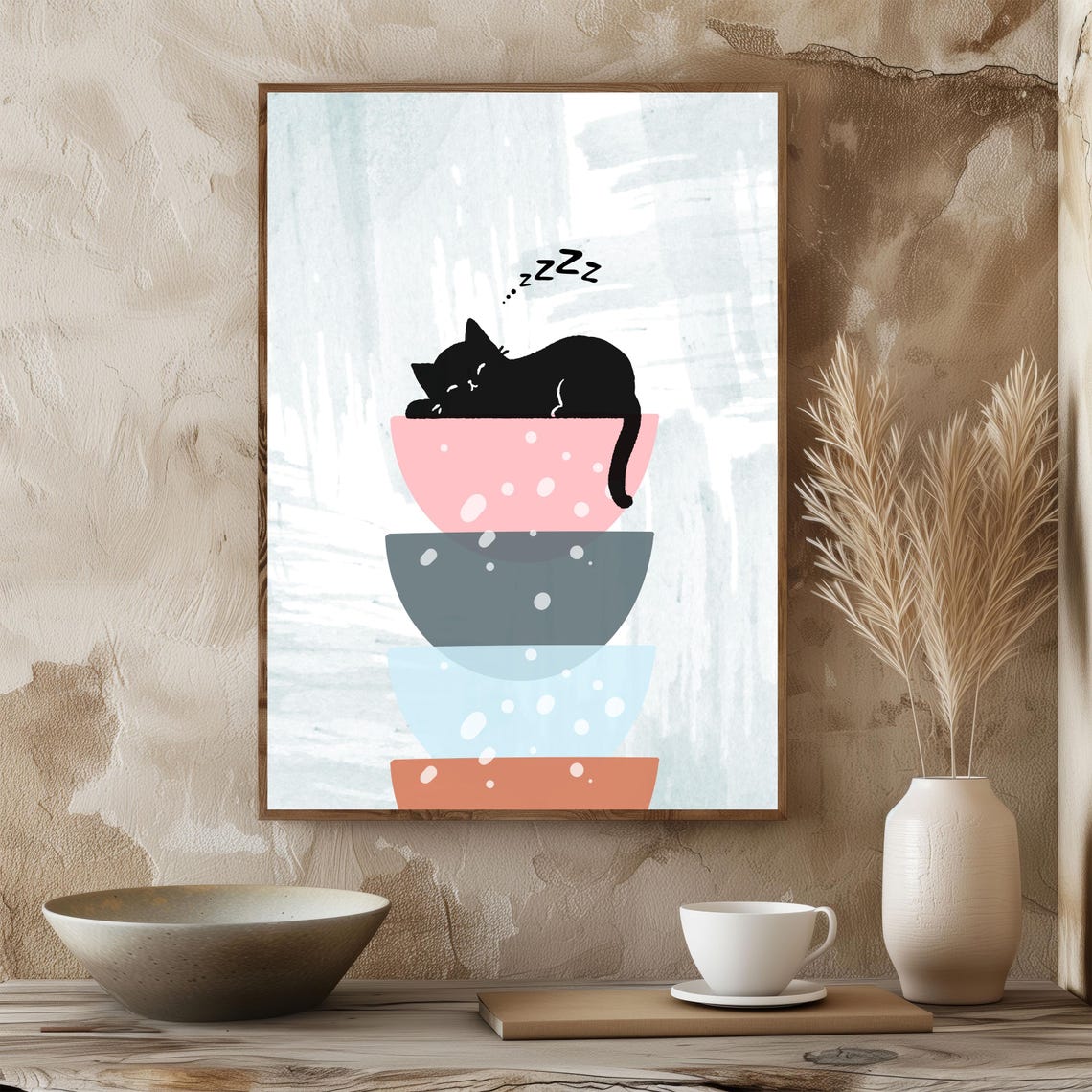 Sleeping Black Cat On Stacked Bowls Whimsical Modern Art Poster - Image 3
