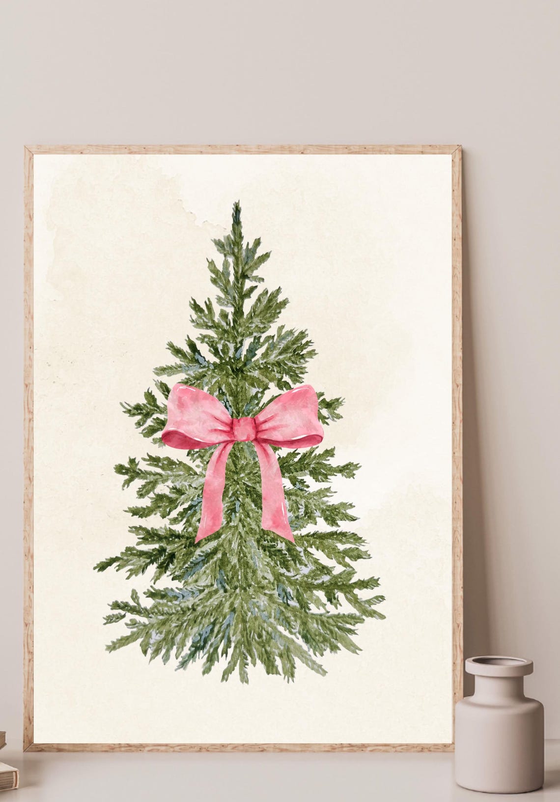 Watercolor Christmas Tree Pink Bow Minimalist Festive Holiday Poster - Image 2