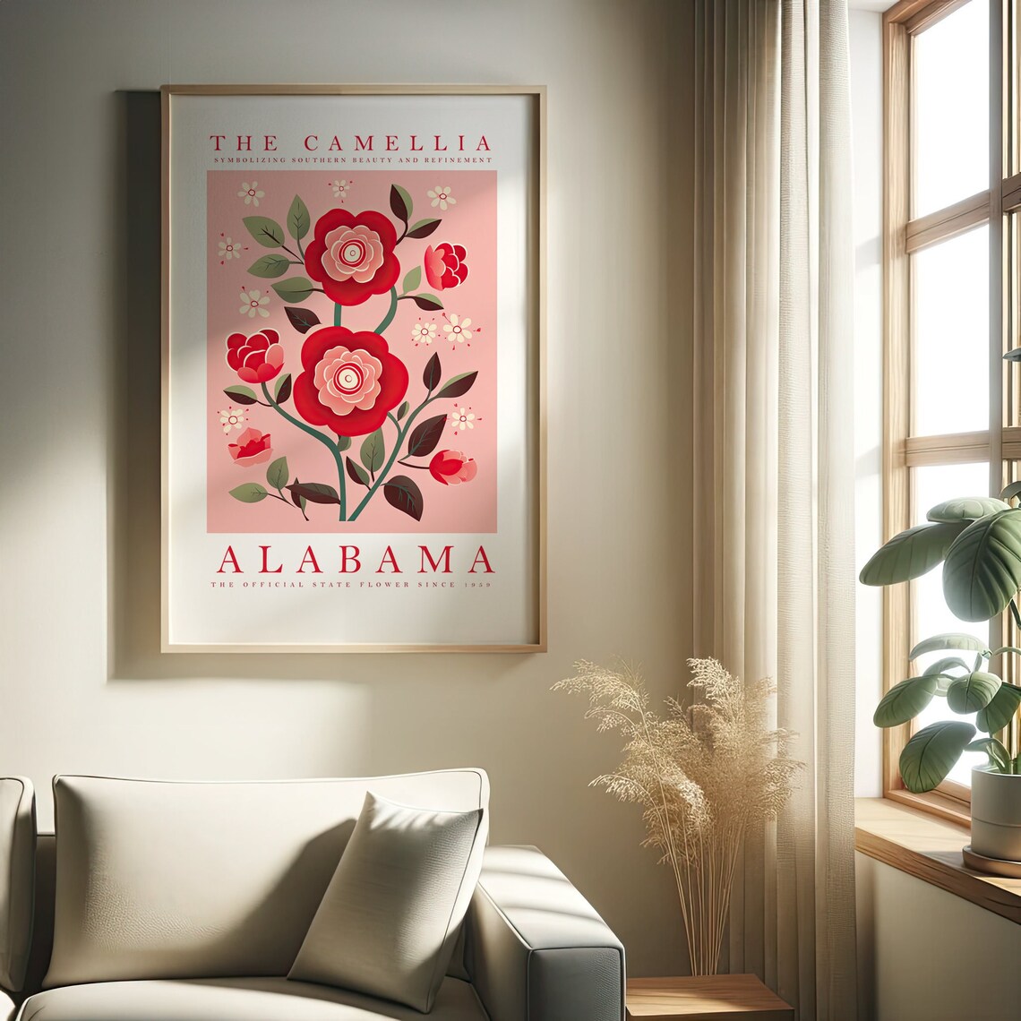 Alabama Camellia State Flower Red Floral Botanical Illustration Poster
