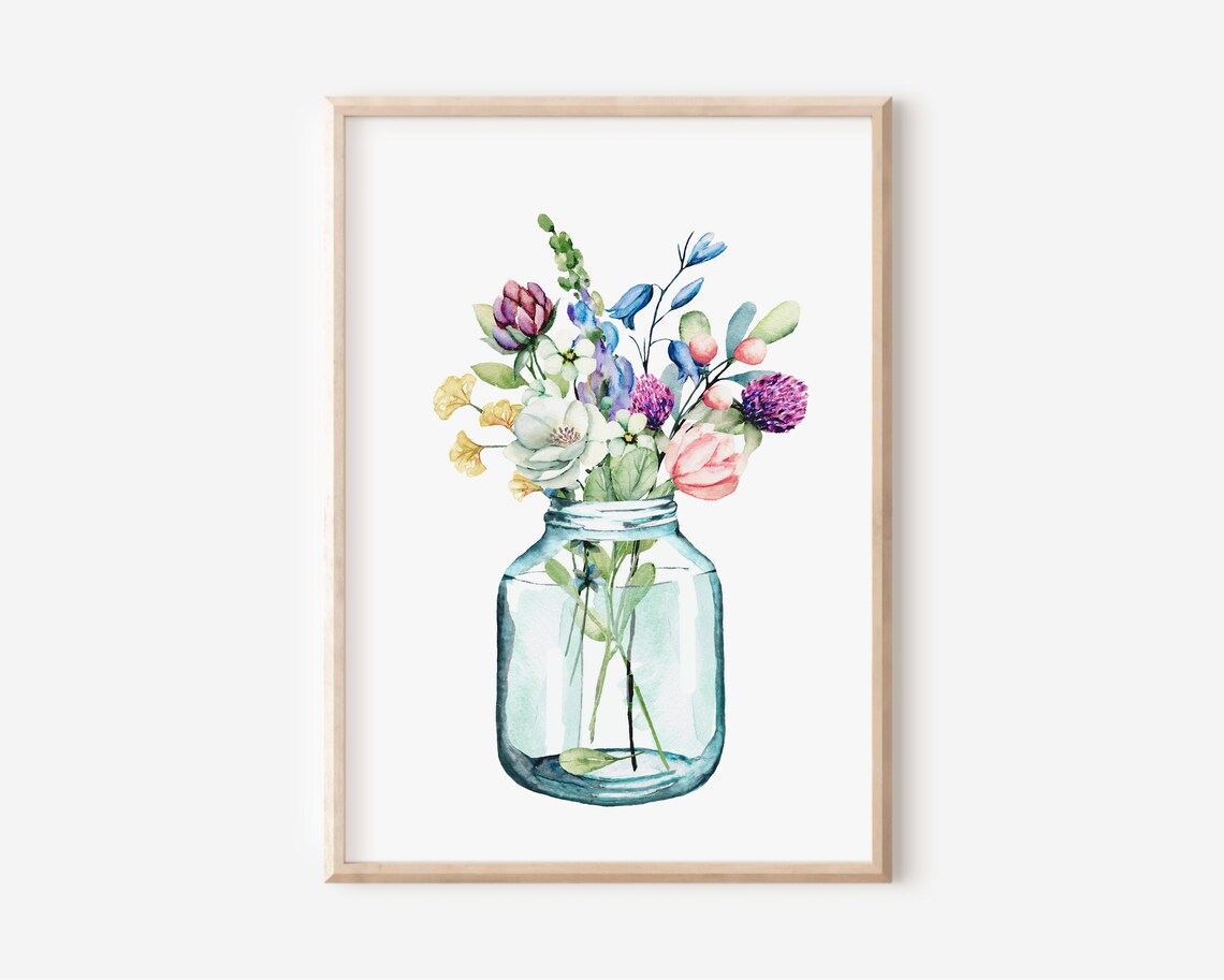 Watercolor Wildflower Bouquet In Mason Jar Farmhouse Floral Wall Art