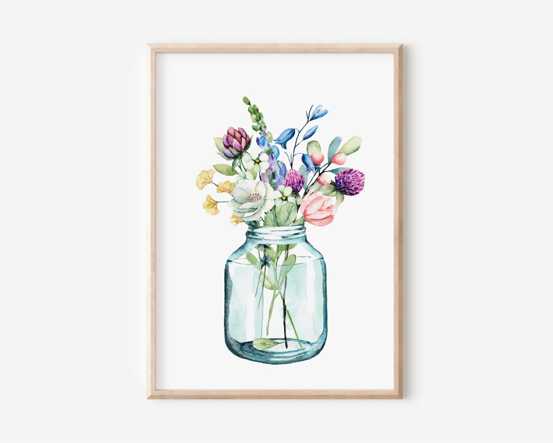 Watercolor Wildflowers Floral Bouquet Farmhouse Decor Canning Jar Vase Women Teen Girl Spring Summer Home Gift Hostess