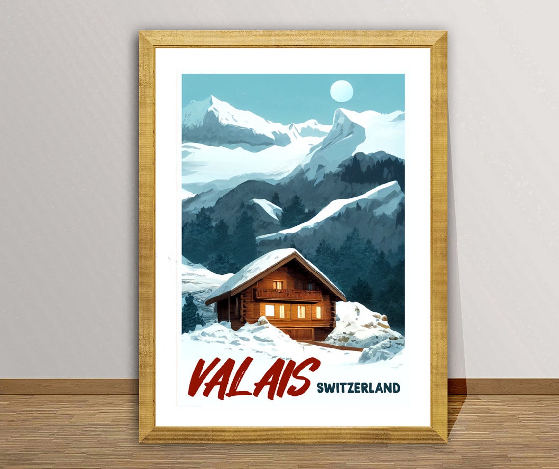 Valais Switzerland Snowy Alpine Chalet Moonlit Mountains Winter Poster