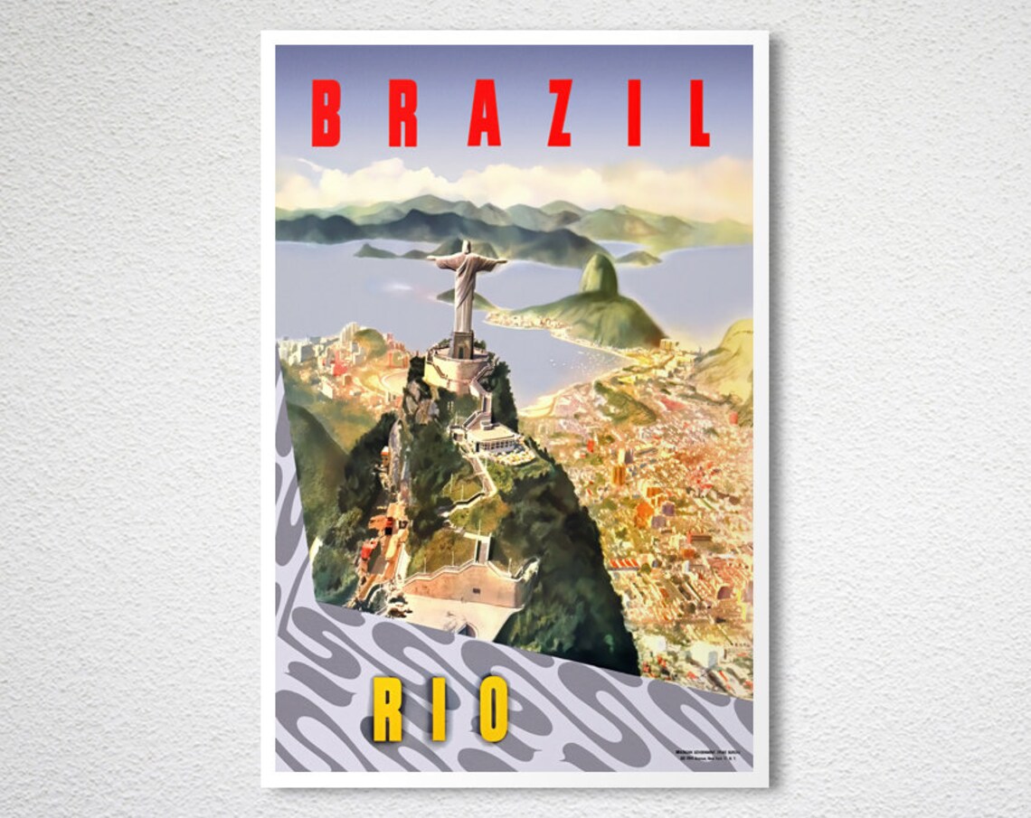 Brazil Rio Vintage Travel Poster Christ the Redeemer Guanabara Bay Art - Image 2