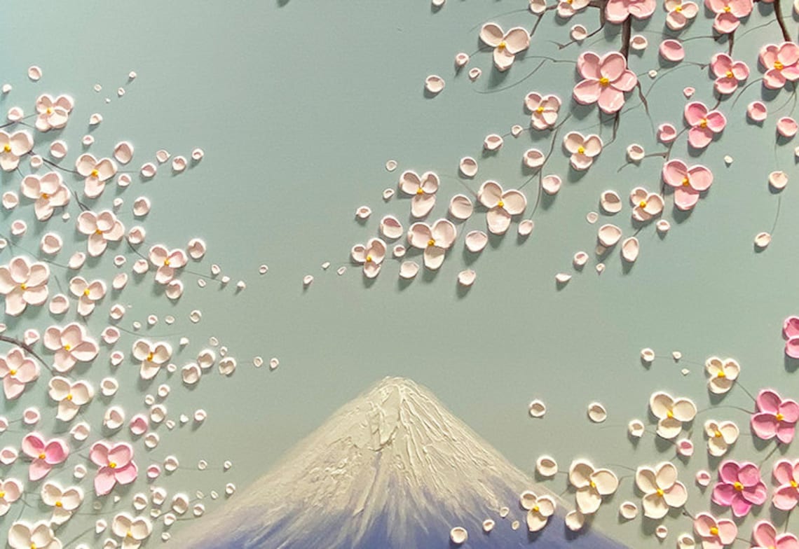 Mount Fuji Cherry Blossoms Palette Knife Art Print - Image 2