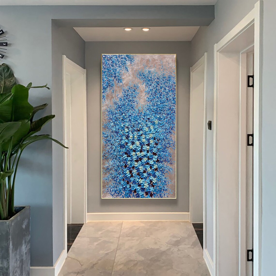 Blue Blossom Flower Wall On Rose Gold Textured Oil Painting Poster - Image 2