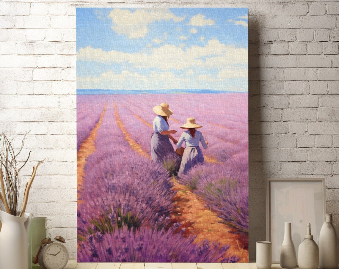 Lavender Harvest with Two Women in Straw Hats at Midday Poster