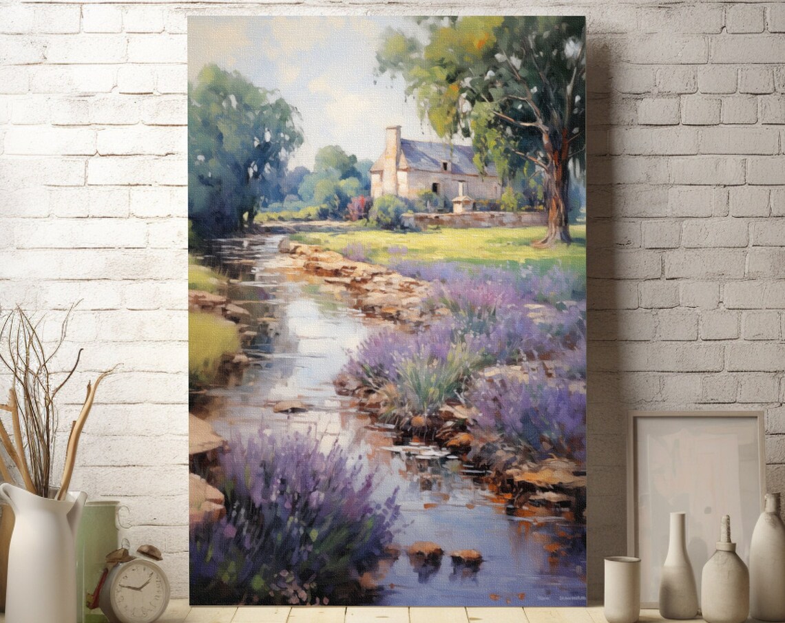 Lavender Stream Countryside Cottage French Floral Landscape Poster