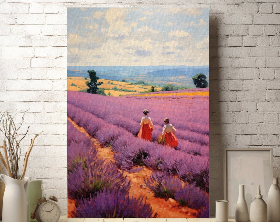 Two Walkers in a Provence Lavender Field Poster Vintage Impressionist