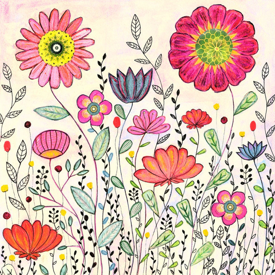 Large Pink Flowers with Patterned Centers on Cream Art Poster