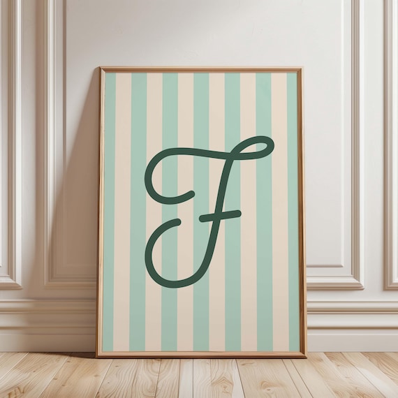 Mint Green Striped Personalized Letter F Monogram Alphabet Art Poster