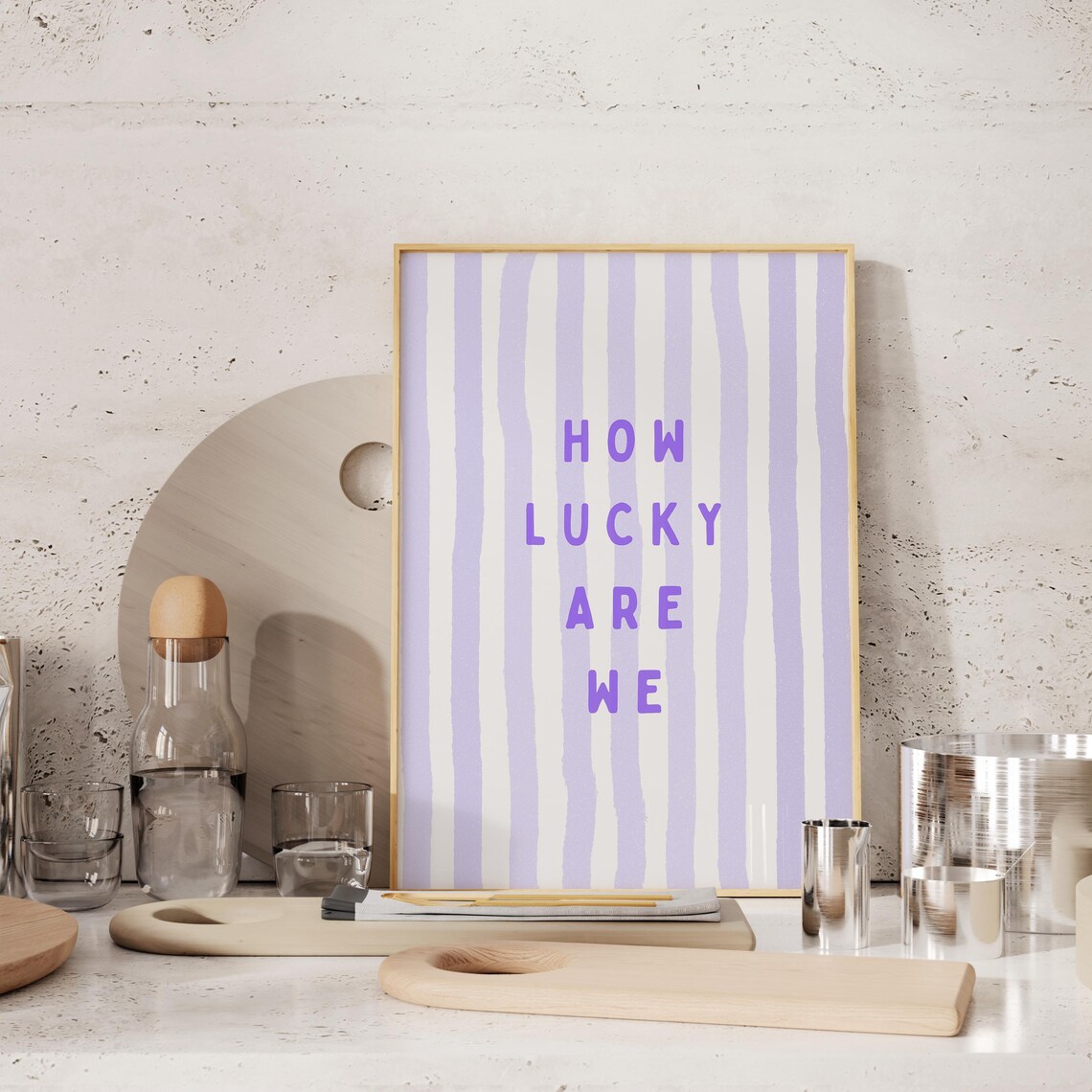 How Lucky Are We Purple Lettering Lavender Striped Preppy Quote Poster