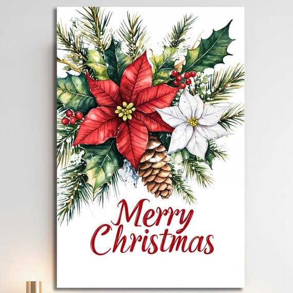 Merry Christmas Poinsettia Watercolor Holly Pinecone Holiday Art Print