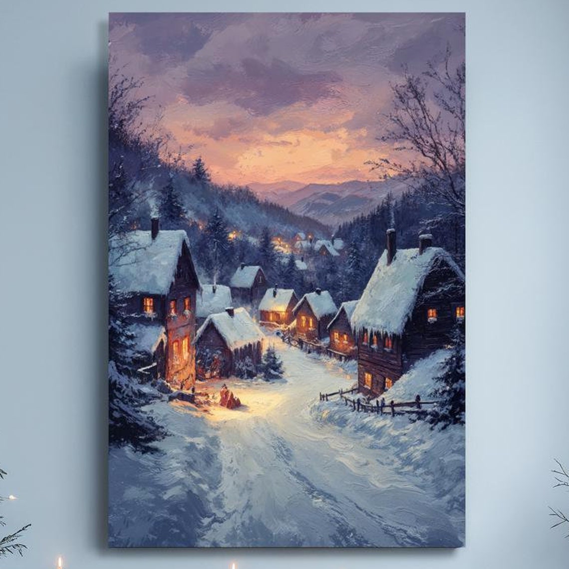 Snowy Village Sunset Glowing Cabins Winter Christmas Art Poster