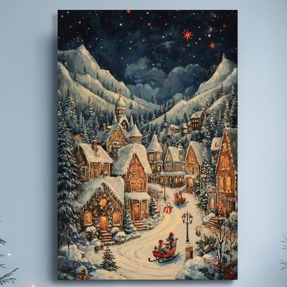 Snowy Christmas Village Night Winter Sleigh Scene Holiday Poster