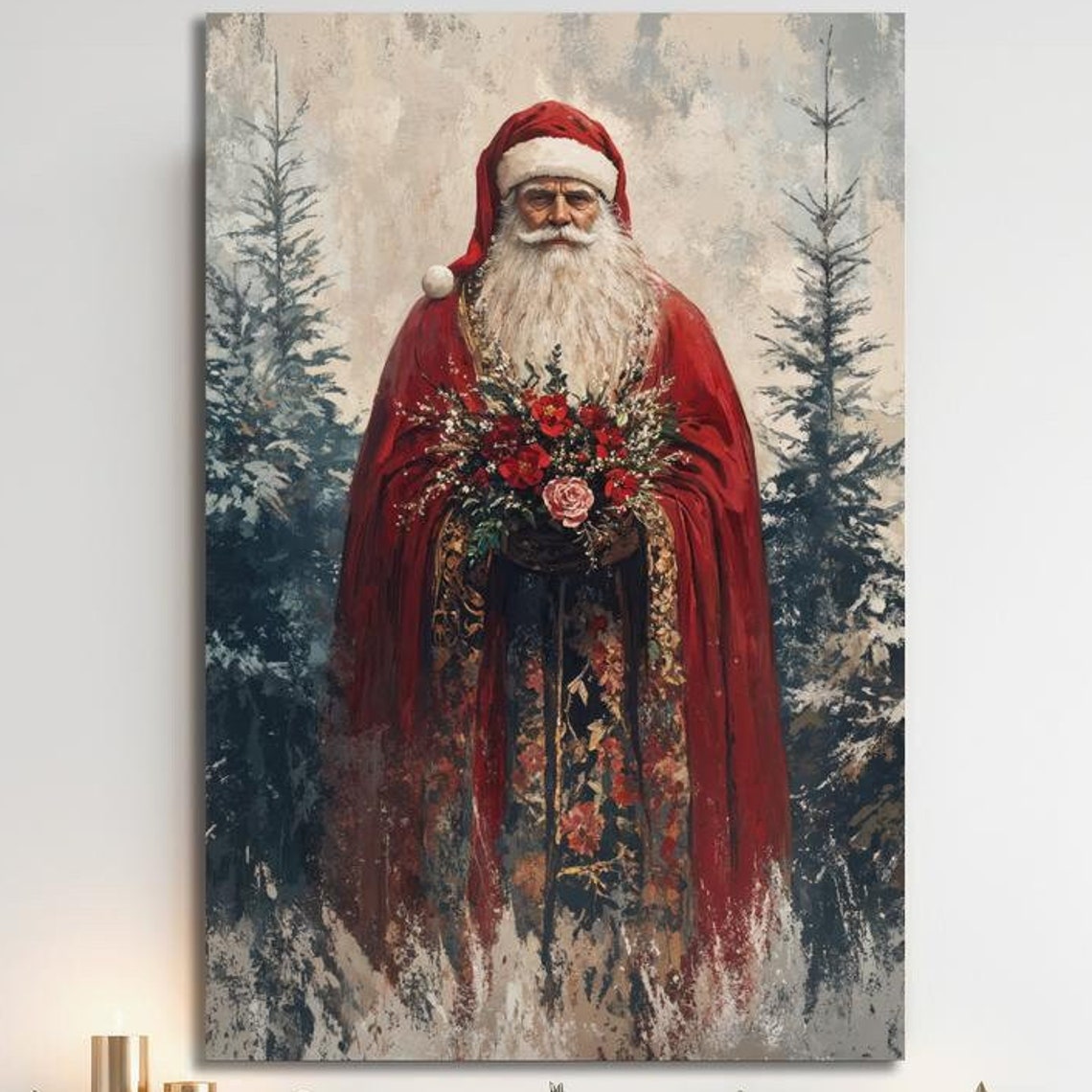 Father Christmas With Flower Bouquet Vintage Santa Winter Wall Art