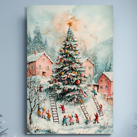 Christmas Tree Decorating Snowy Village Watercolor Holiday Wall Art