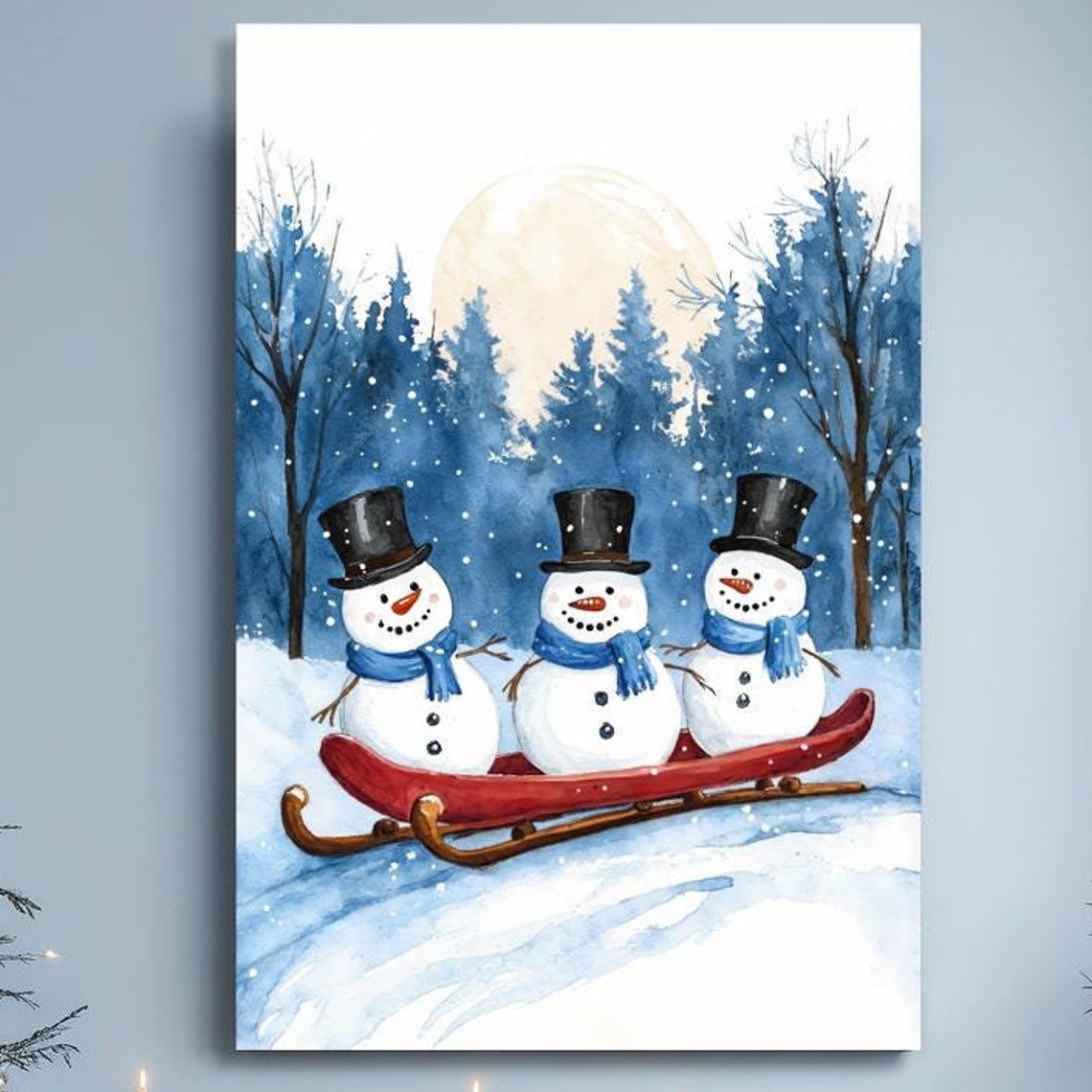 Three Snowmen Riding Red Sled In Moonlit Forest Watercolor Wall Art