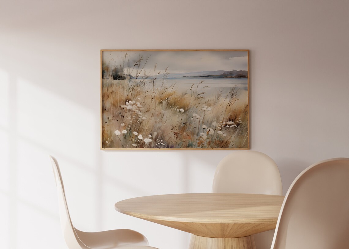 Watercolor Grasses and White Wildflowers Lakeside Neutral Print - Image 2