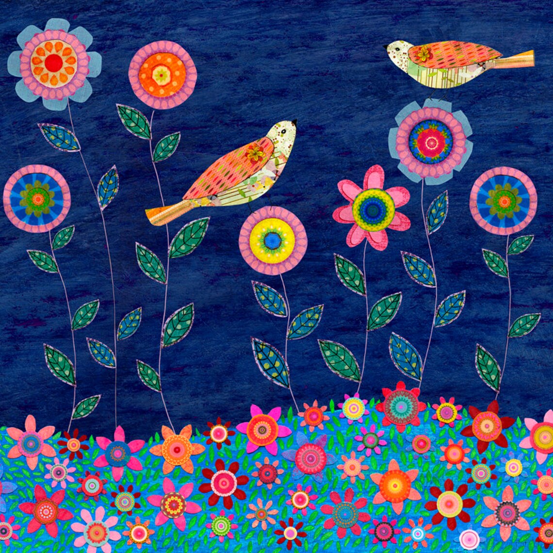 Bold Colorful Collage Flowers And Birds On Deep Navy Art Poster