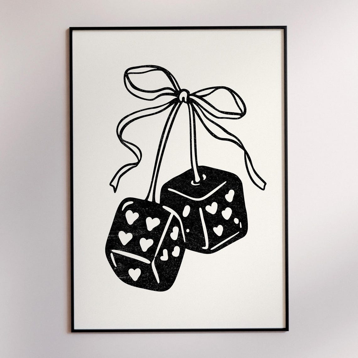Lucky Heart Dice Black White Ribbon Bow Retro Tattoo Artwork Poster