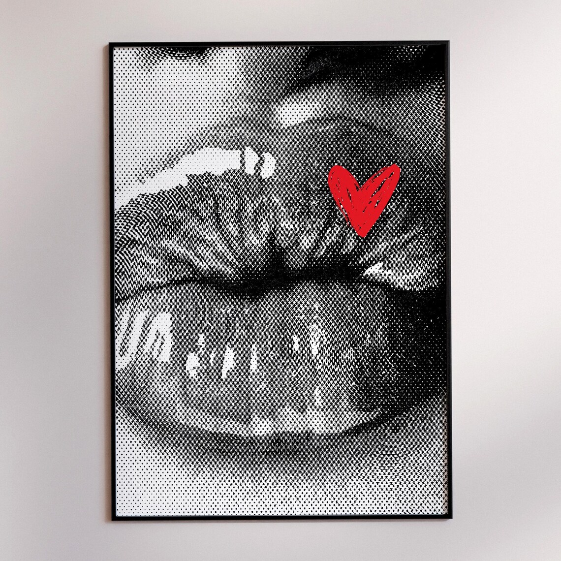 Pop Art Halftone Lips Kiss With Red Heart Bold Graphic Love Poster