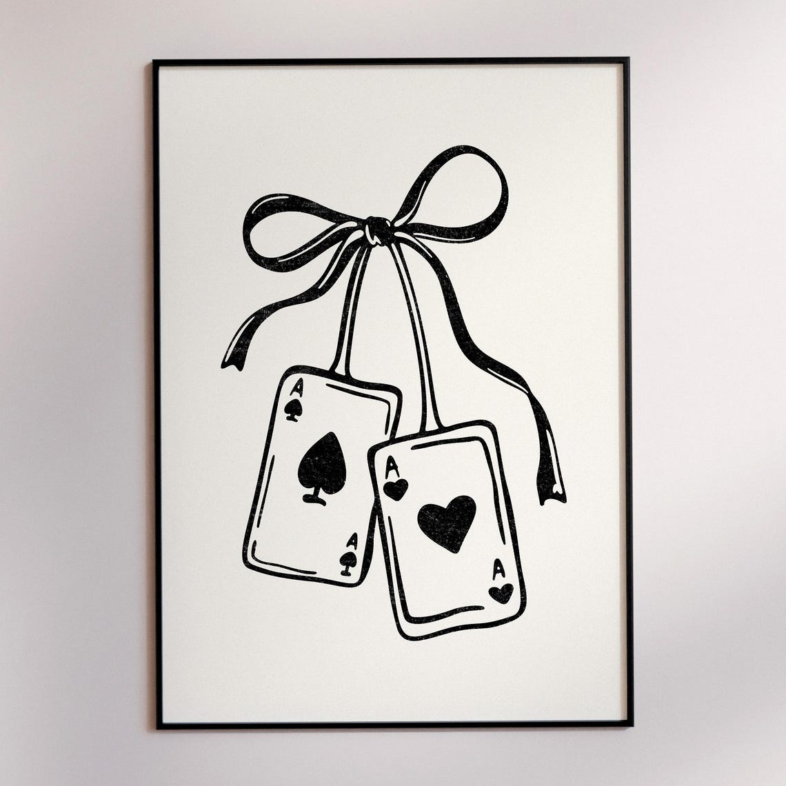 Lucky Ace Spade Heart Ribbon Bow Black Line Drawing Game Room Poster
