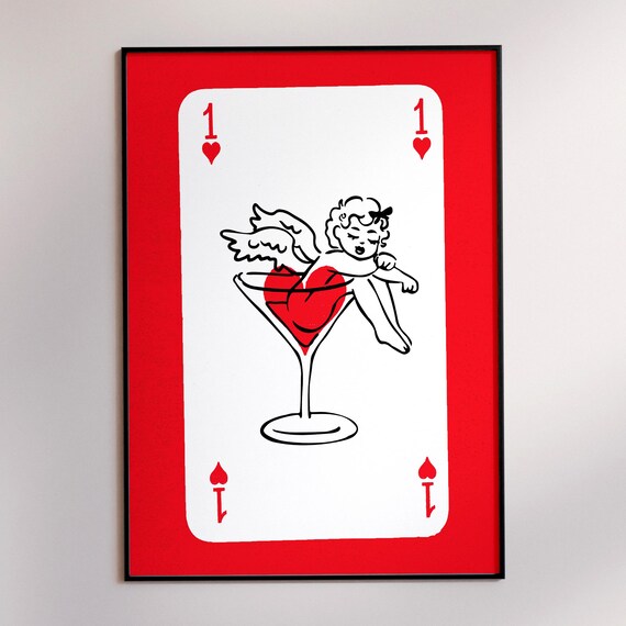 Cupid Cocktail Playing Card Print With Cherub On Martini Glass