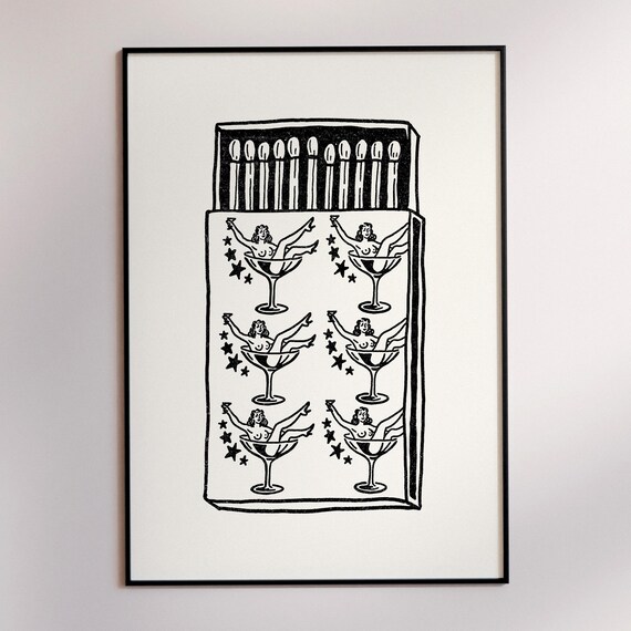 Retro Matchbox Style Martini Girls Dancing in Glasses Black and White Poster
