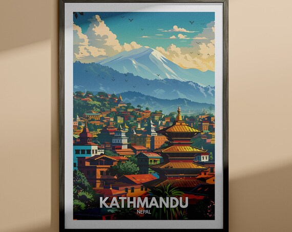 Kathmandu Nepal Travel Poster Himalayan Temple City Sunset View Art