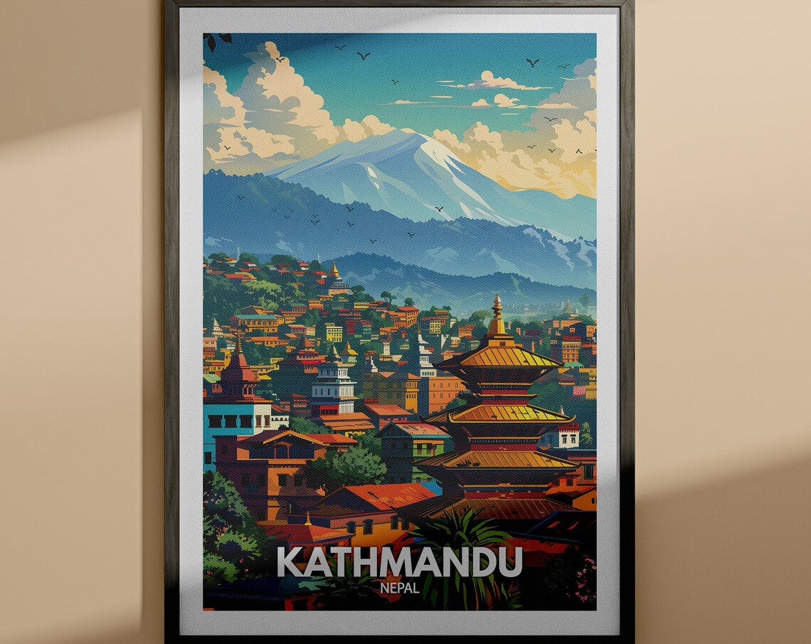 Kathmandu Nepal Travel Poster Himalayan Temple City Sunset View Art