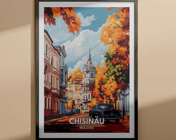 Chisinau Moldova Autumn Street Vintage Car Historic City Travel Poster