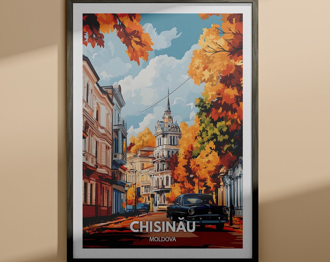 Chisinau Moldova Autumn Street Vintage Car Historic City Travel Poster