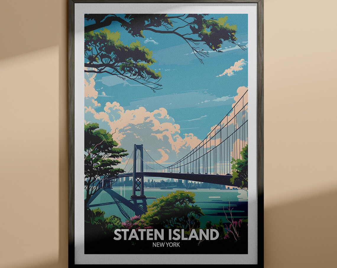 Staten Island New York Suspension Bridge Harbor Vintage Travel Poster