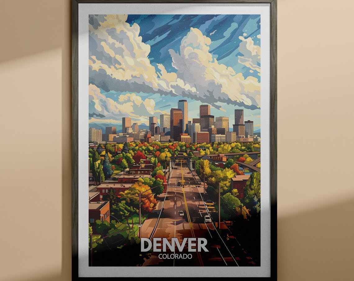 Denver Colorado Skyline Autumn Foliage Mile High City Travel Poster
