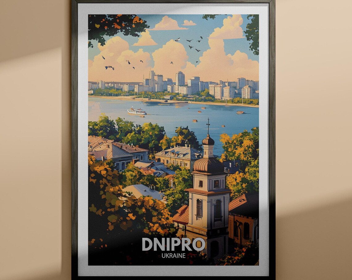 Dnipro Ukraine Riverside Bell Tower Vintage Travel Poster Art
