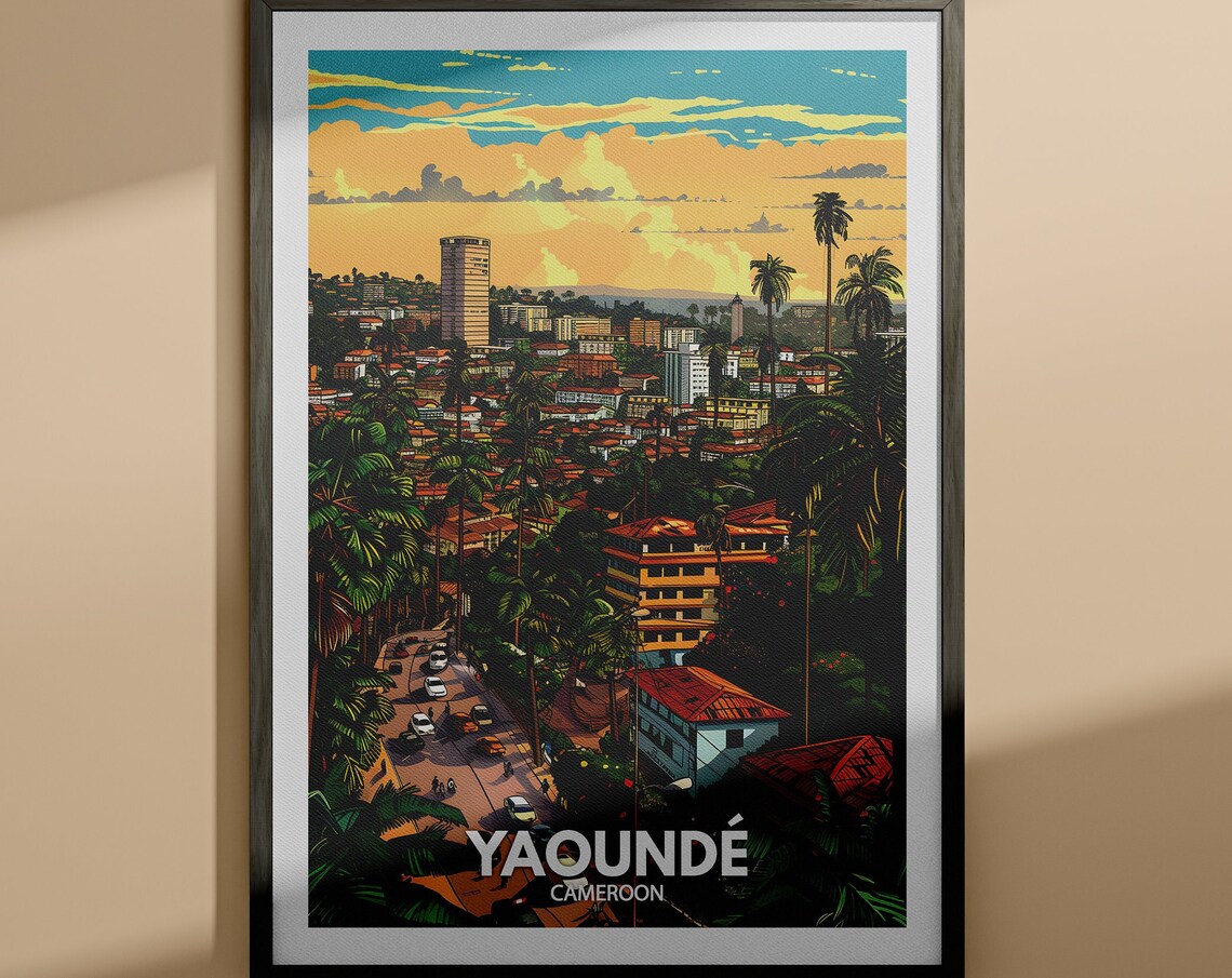 Yaounde Cameroon Tropical City Palm Trees Sunset Travel Poster