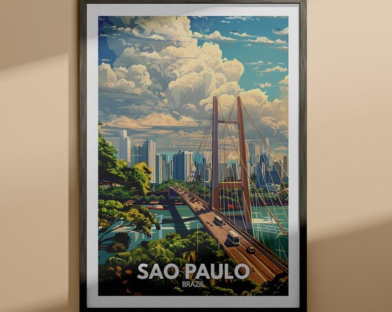 Sao Paulo Brazil Cable Stayed Bridge Skyline City Travel Poster