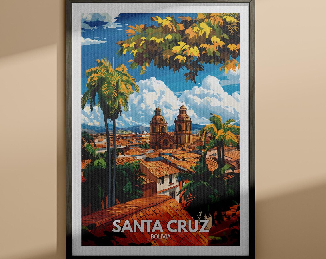 Santa Cruz Bolivia Cathedral Palms Vintage Travel Poster Art