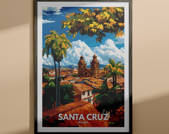 Santa Cruz Bolivia Cathedral Palms Vintage Travel Poster Art