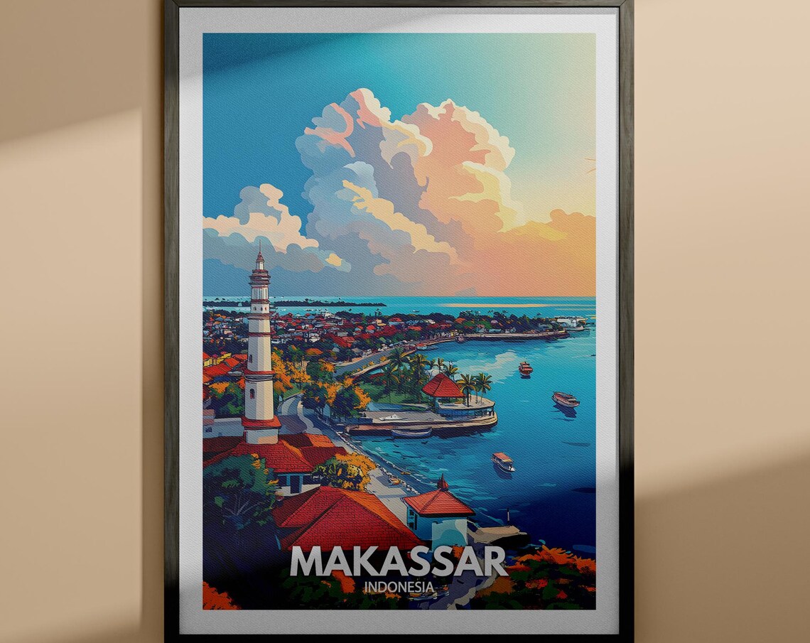Makassar Indonesia Harbor Sunset Boats Skyline Travel Poster