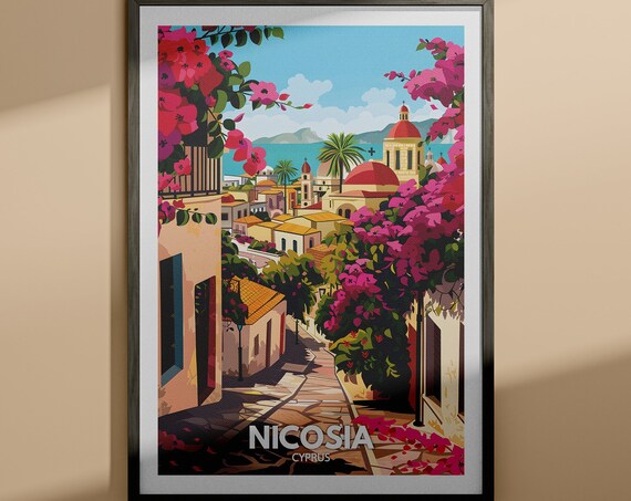 Nicosia Cyprus Bougainvillea Street Church Domes Mediterranean Poster