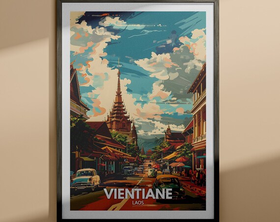 Vientiane Laos Golden Temple Spire Street Retro Travel Poster