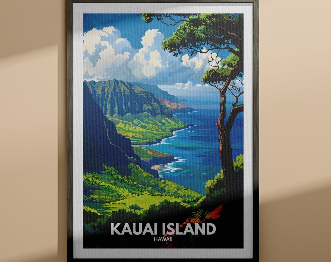 Kauai Island Hawaii Emerald Coastline Cliffs Vintage Travel Poster