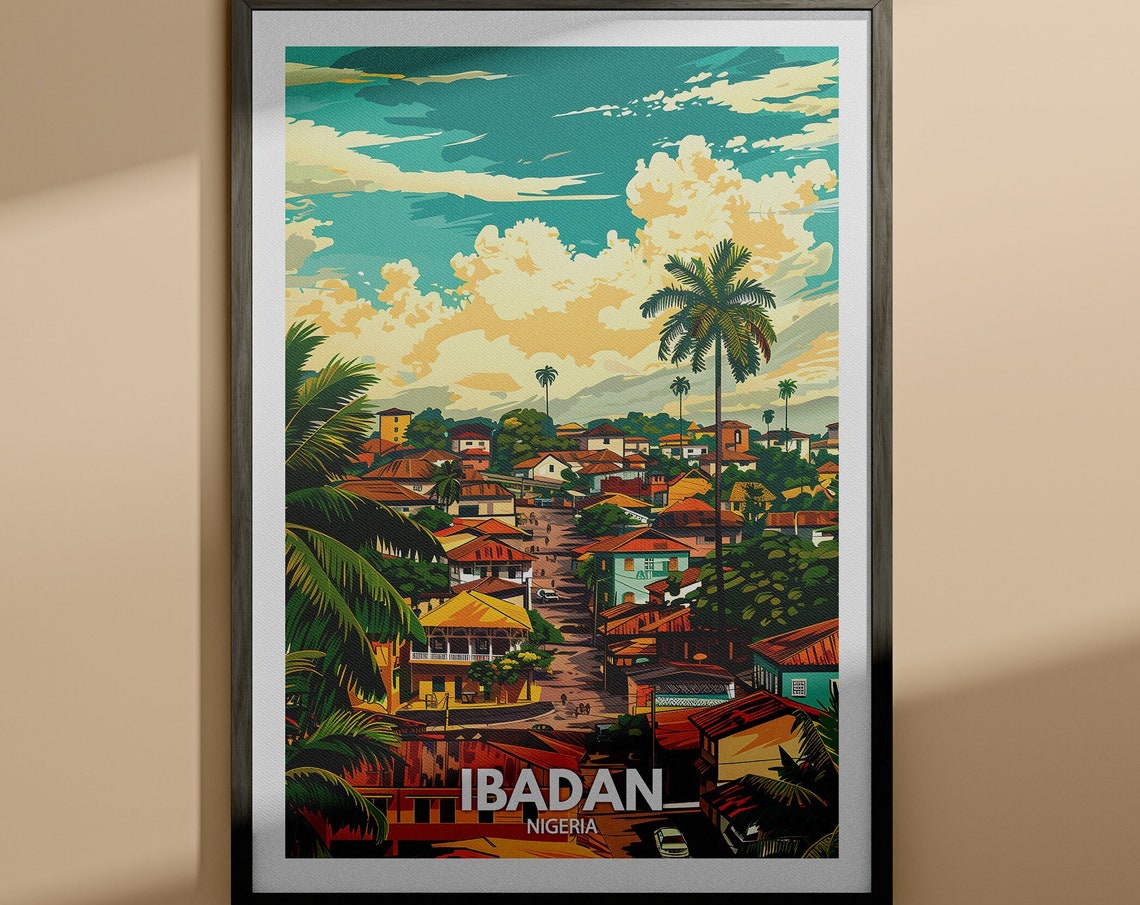 Ibadan Nigeria Palm Tree Cityscape Sunset Retro Travel Poster