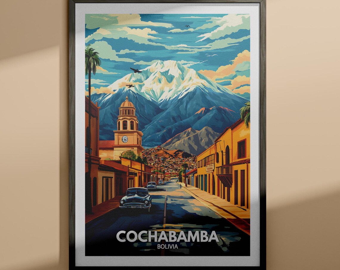 Cochabamba Colonial Street Snow Peak City Bolivia Travel Poster