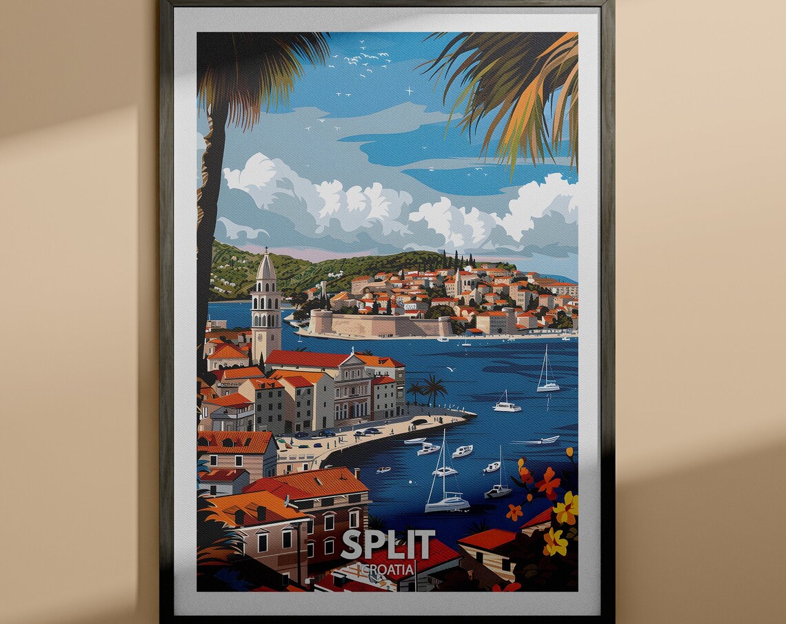 Split Croatia Waterfront Sailboats Bell Tower Vintage Travel Poster