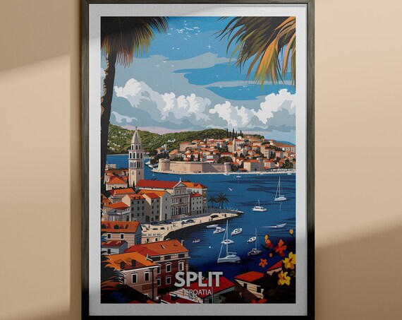 Split Croatia Waterfront Sailboats Bell Tower Vintage Travel Poster