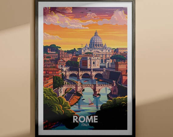 Rome St Peters Basilica Sunset Tiber River Italy Travel Poster