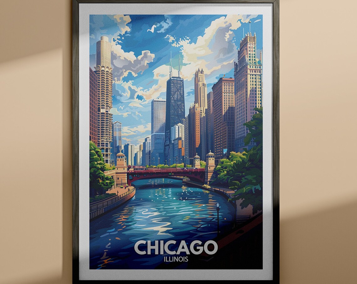 Chicago Illinois Downtown Skyline River Bridge Cityscape Travel Poster