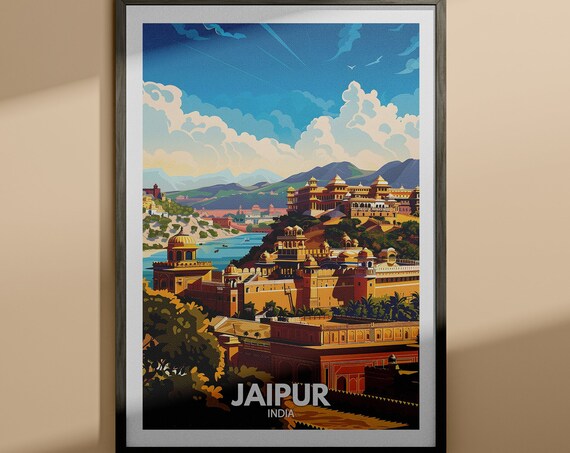 Jaipur India Travel Poster Amber Fort Pink City Illustration